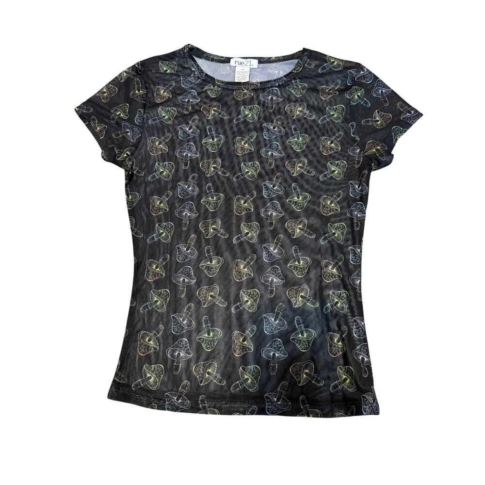 rue21 Women’s XS Black Sheer Mesh Mushroom Print Short Sleeve Tee Top Goblincore